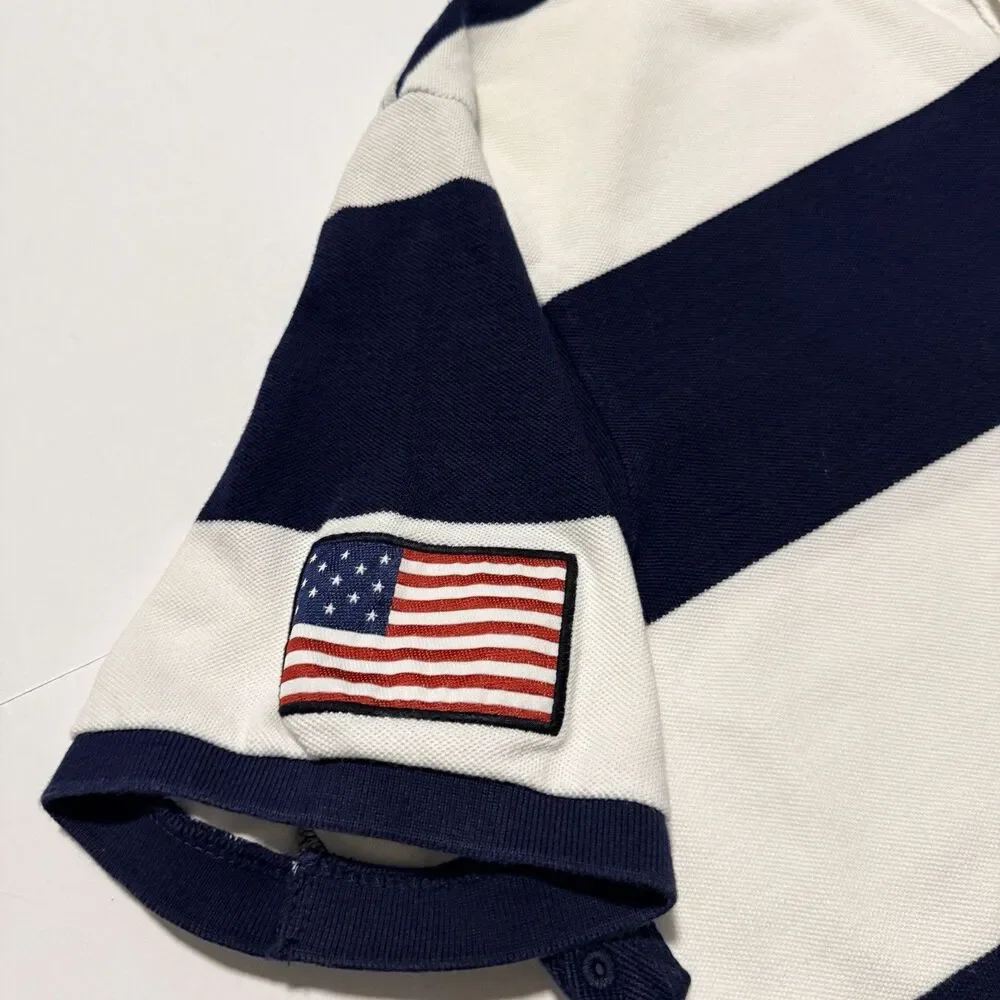 Polo Ralph Lauren Big Pony USA Flag Rugby Shirt Men’s XXL Custom Fit Blue White
